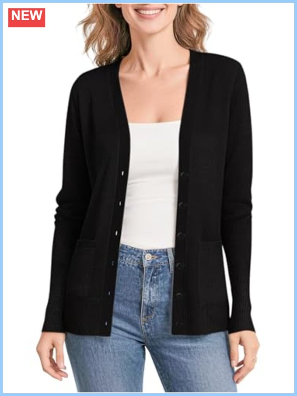 Lightweight Button Front Cardigan V-Neck Classic Knit Sweater with Pockets